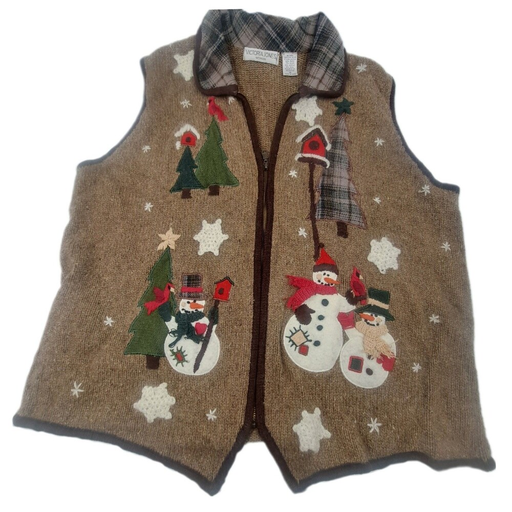 Vintage Victoria Jones Christmas Sweater Vest 1X Winter Snowmen Brown Wool Blend